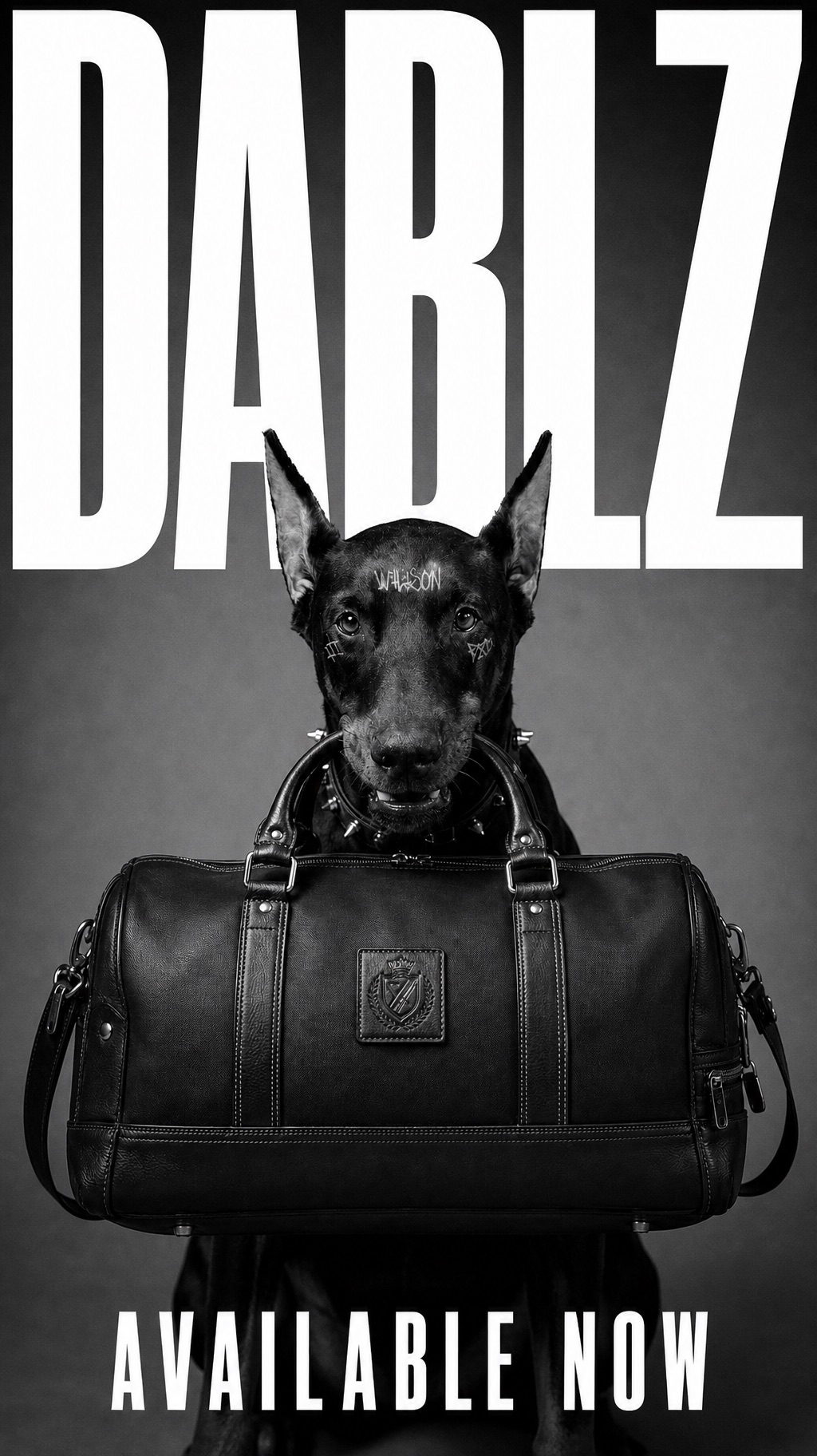 Dog holding the DABLZ 01 black duffel